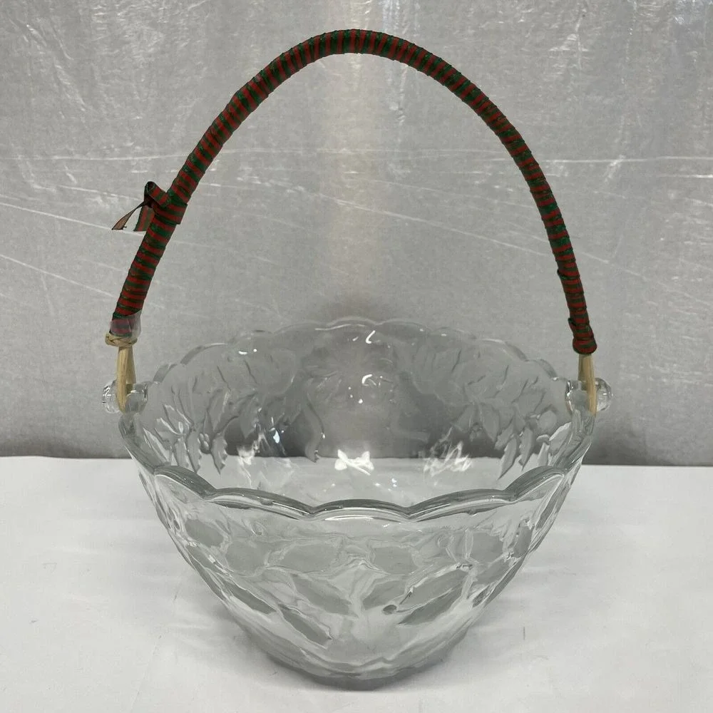 Glass Bowl Poinsettia Holly Berry Etched Handle Basket Holiday Serving Dish‎